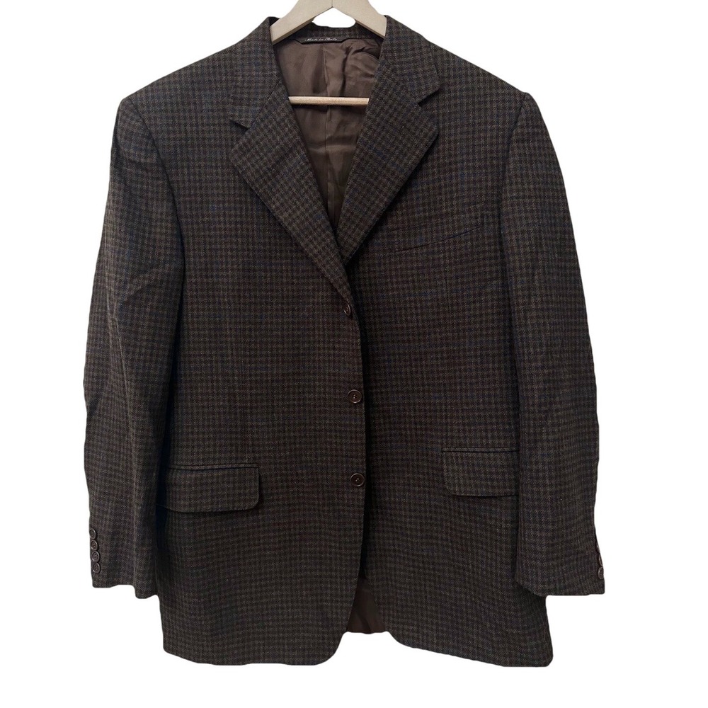 Canali Sport Coat 52R Brown Wool Cashmere Houndstooth Plaid‎ Blazer Italy